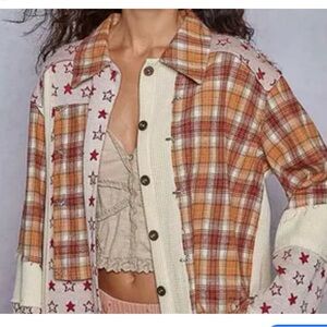 POL Plaid & Star Patchwork Contrast Long Sleeve Shacket.